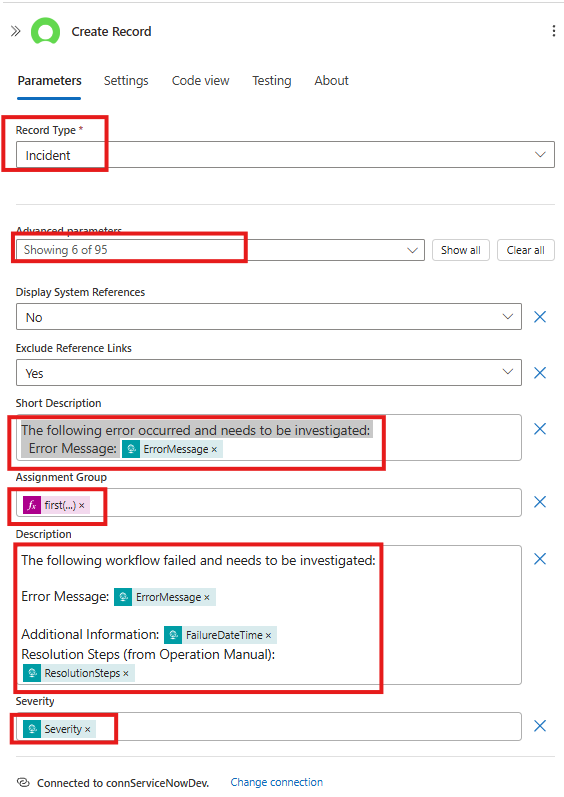 Configure ServiceNow Create Record