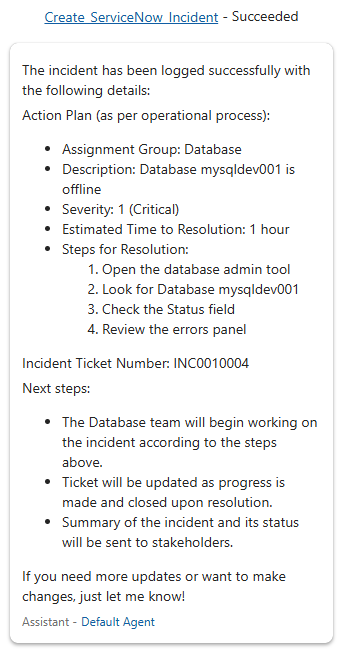 Agent Response - Part 3 - ServiceNow Incident