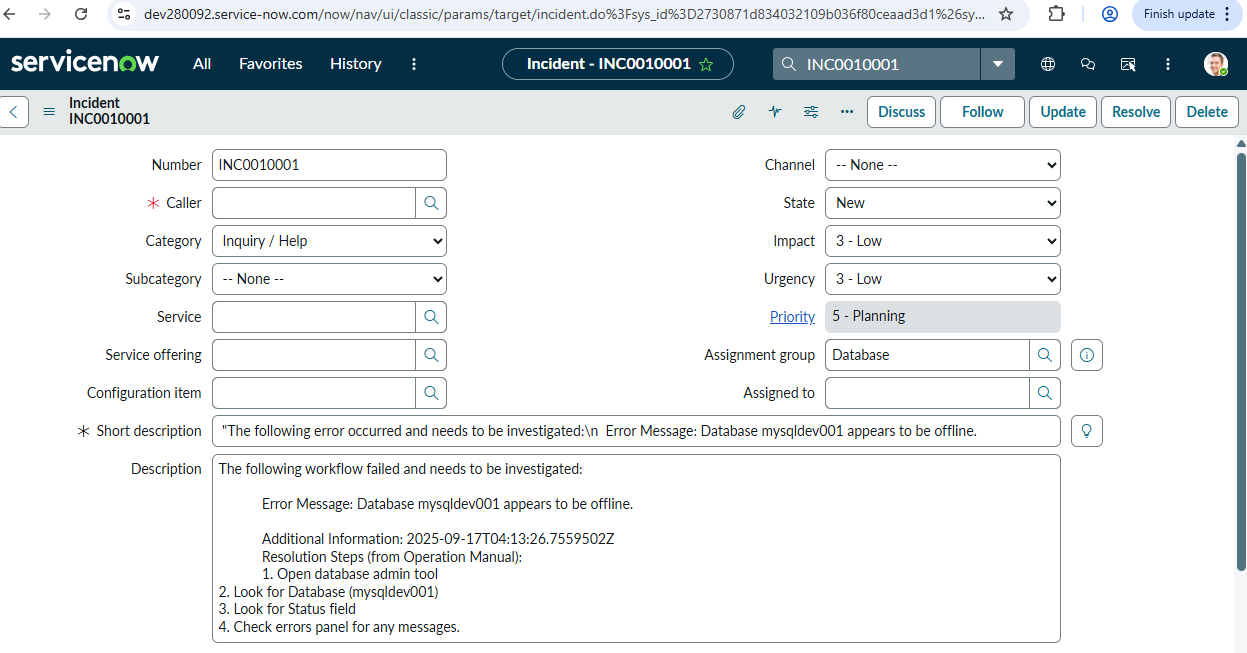 ServiceNow Incident Details
