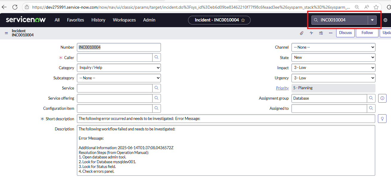ServiceNow Incident Details