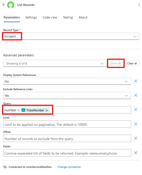 ServiceNow List Action Configuration
