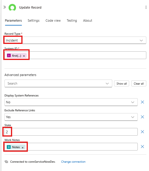 ServiceNow Update Action Config