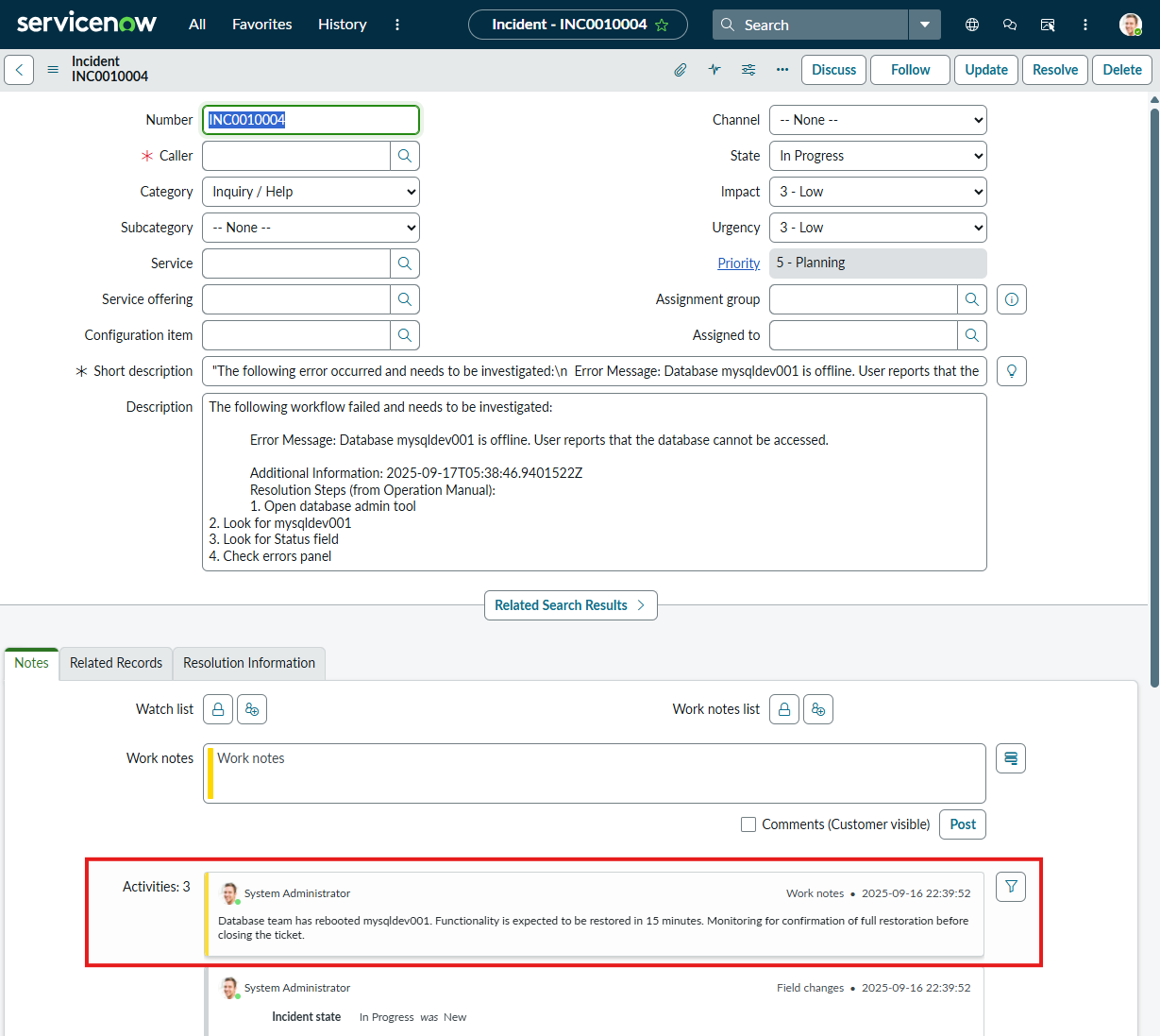 ServiceNow Updated Incident