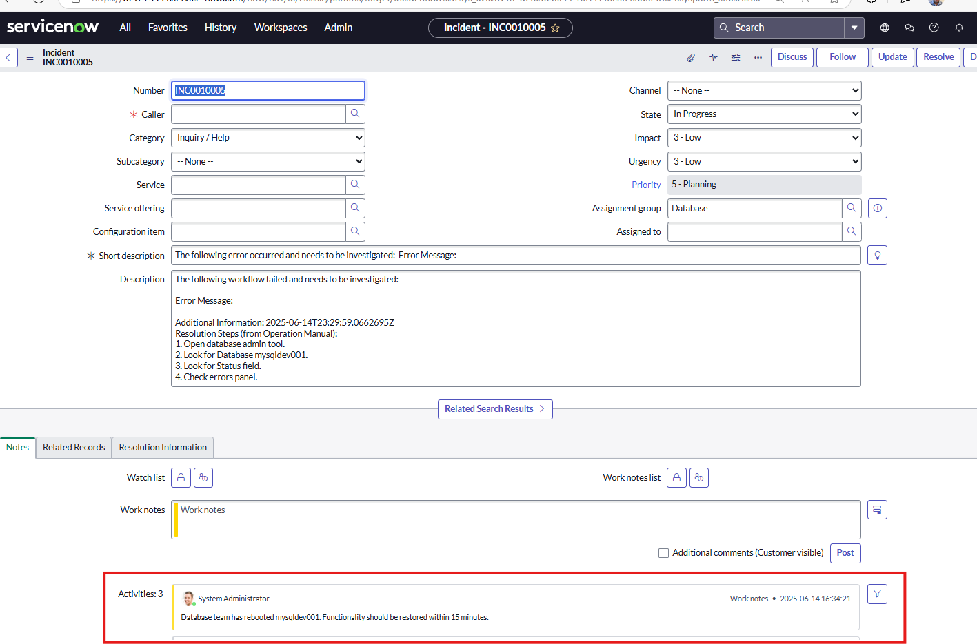 ServiceNow Updated Incident