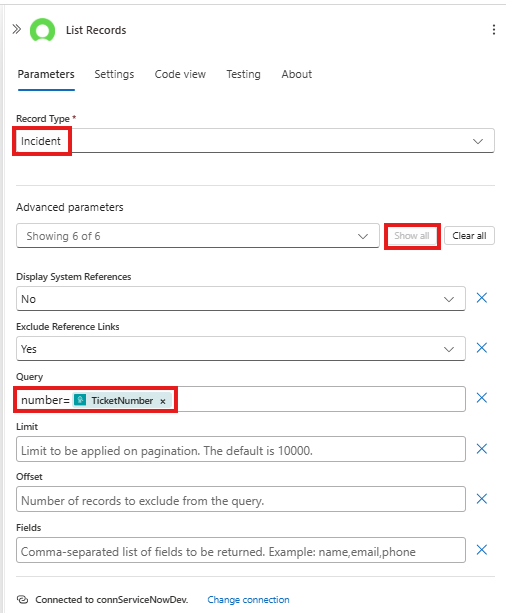 ServiceNow List Action Configuration