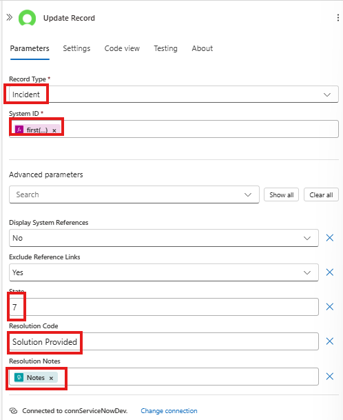 ServiceNow Update Action Config