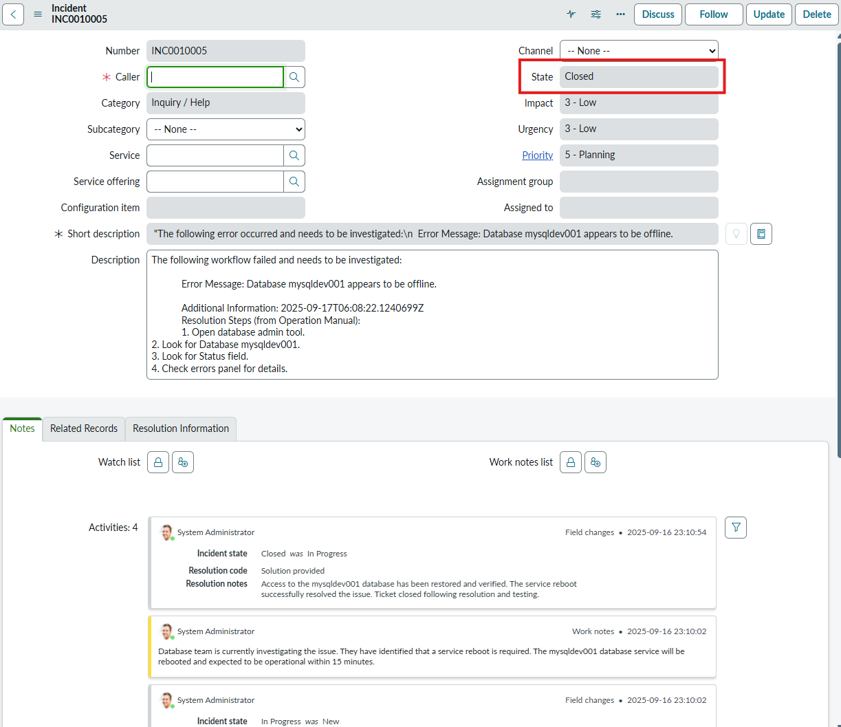 ServiceNow Updated Incident