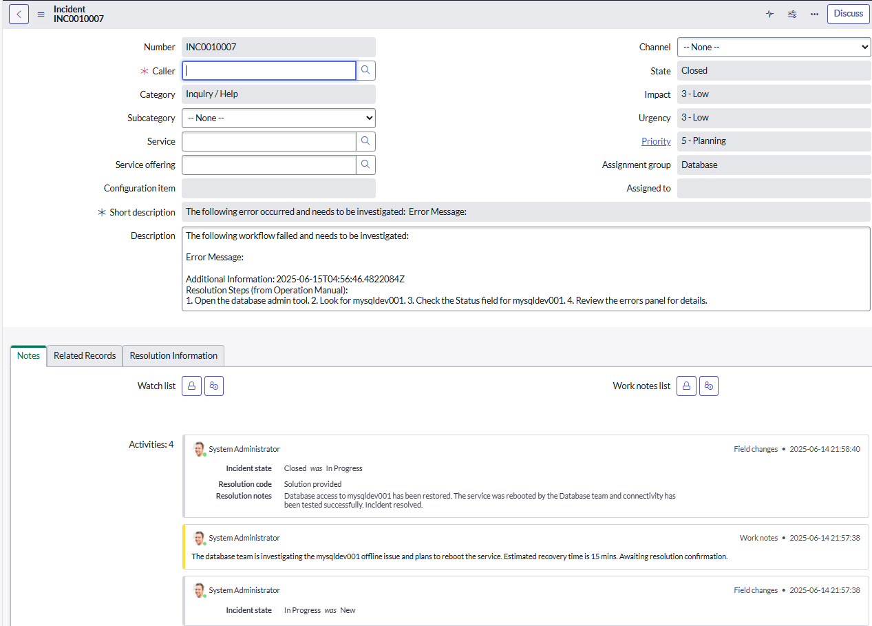 ServiceNow Updated Incident
