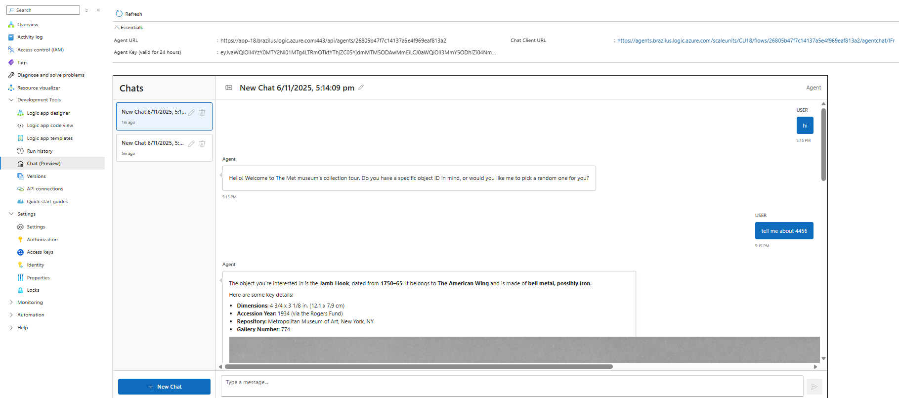 Screenshot shows an example chat session with the agent