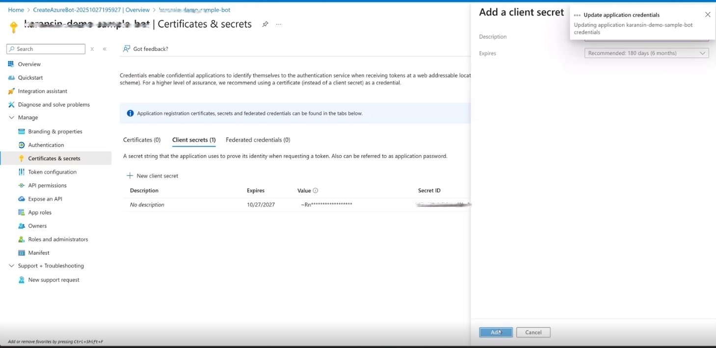 Screenshot of Azure Bot service create page.