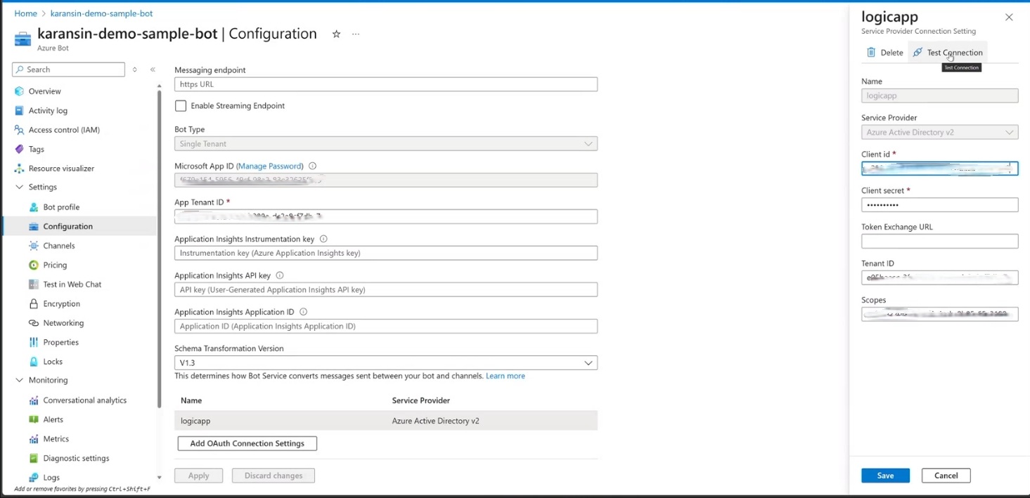 Screenshot of Azure Bot service OAuth test connection page.