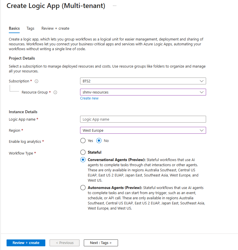 Screenshot shows an example of create Logic App blade