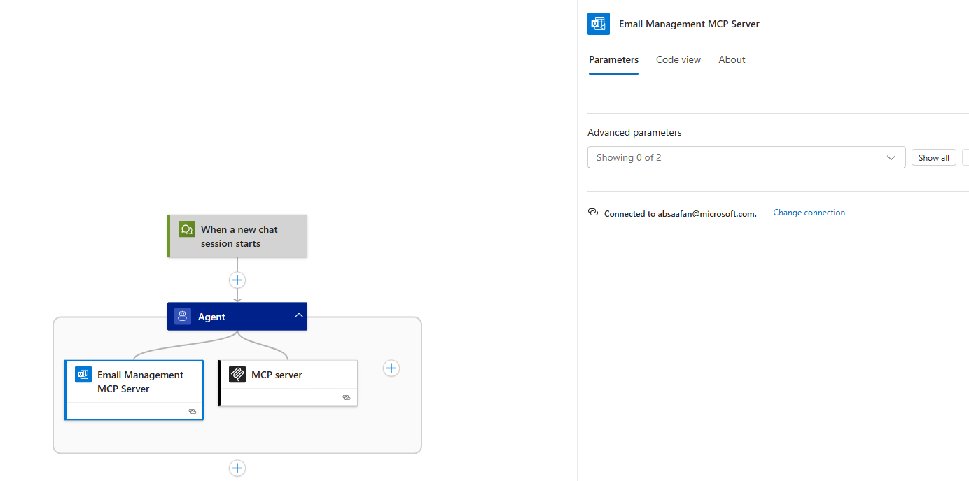 Screenshot shows email MCP server added to agent