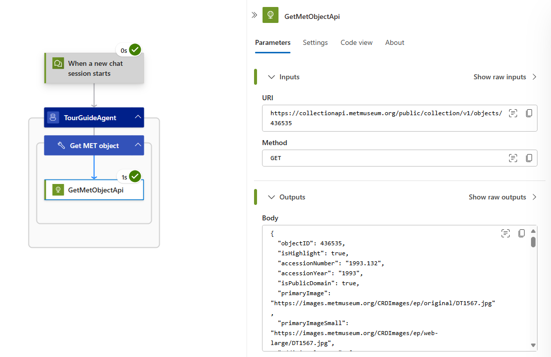 Screenshot shows inspecting the inputs and outputs of an action inside an agent tool