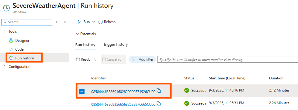 Screenshot shows the run history for the workflow