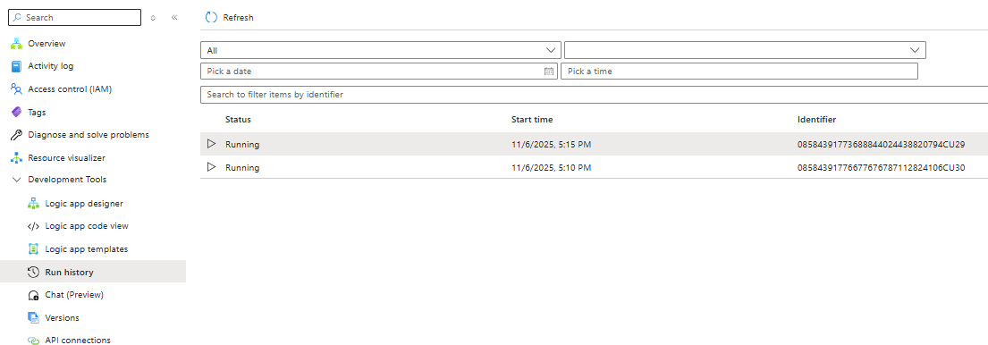 Screenshot shows the run history for the workflow