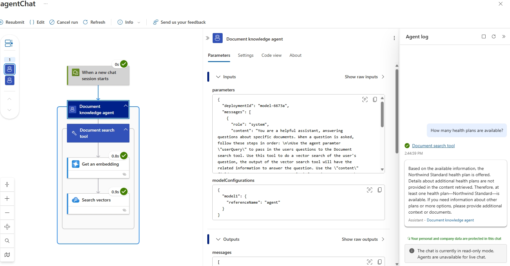 Screenshot of run history agent output.