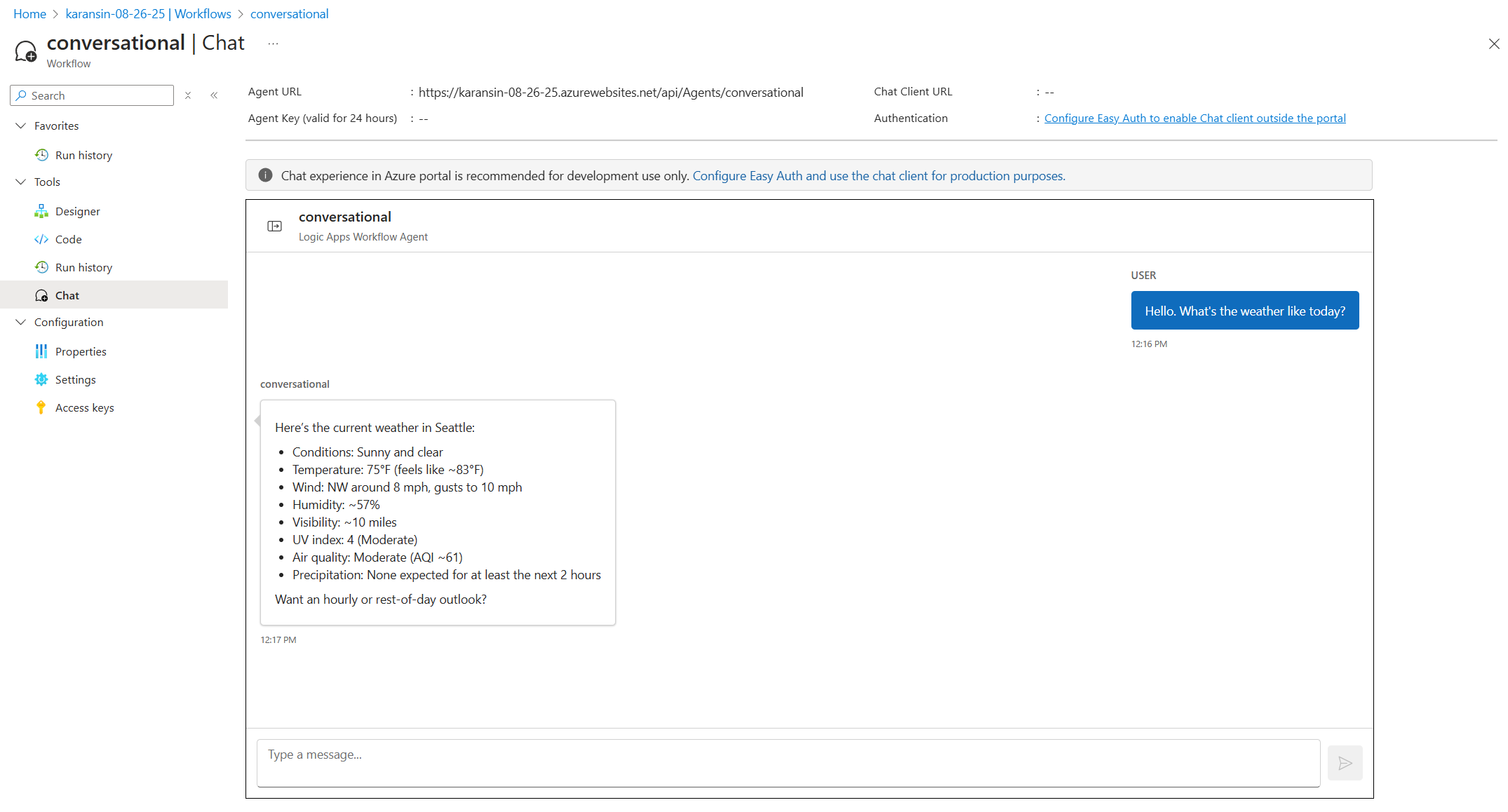 Chat interaction with this sample agent