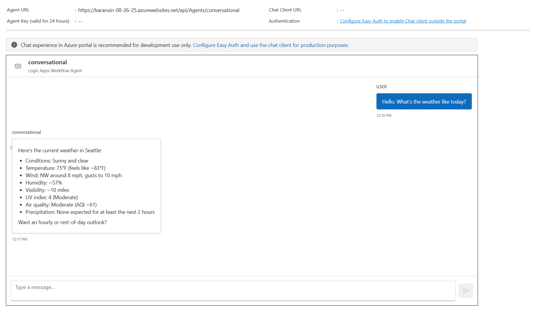 Chat interaction with this sample agent