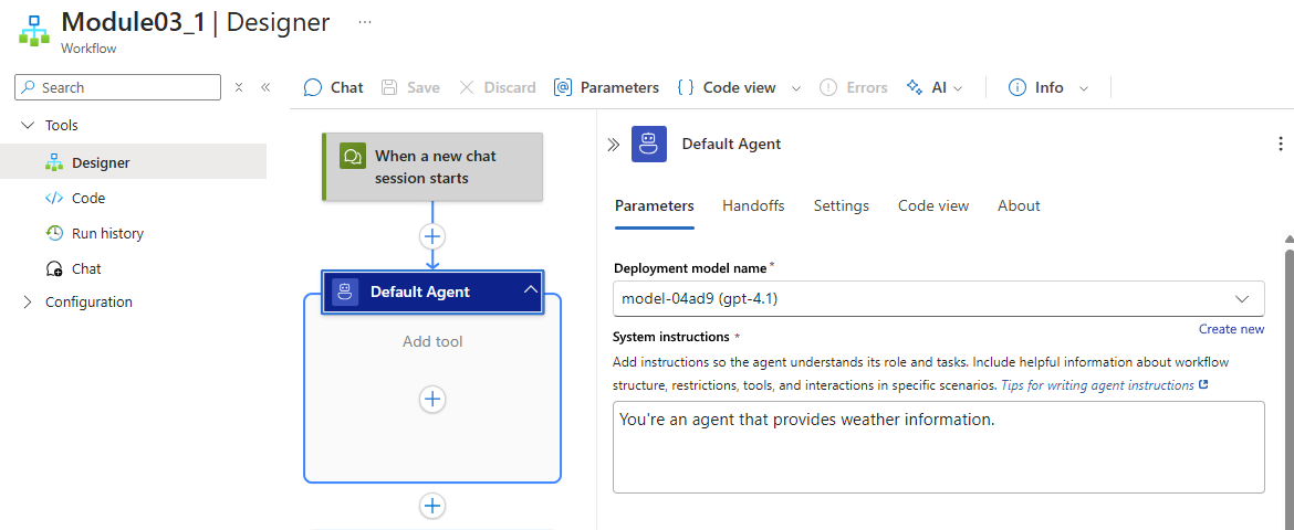 Screenshot shows agent information pane and system instructions.