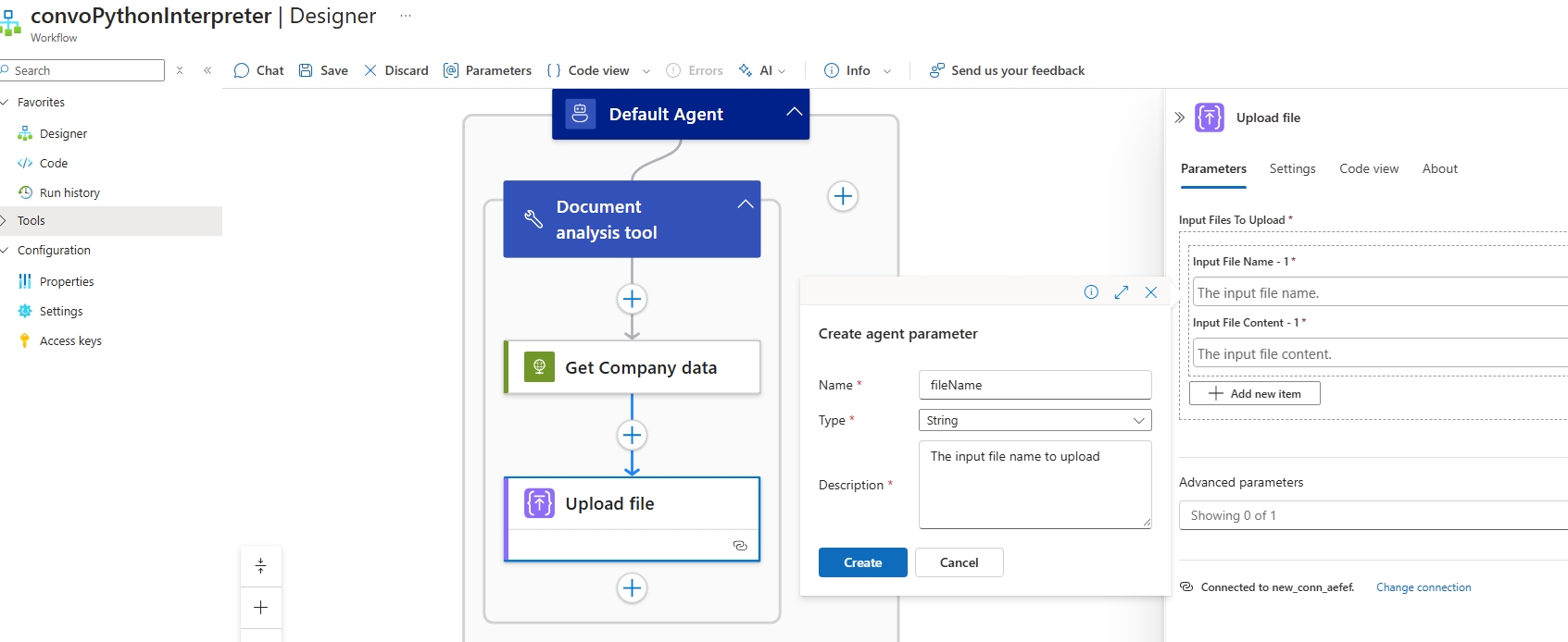 Screenshot shows adding an agent parameter on the Upload file action.