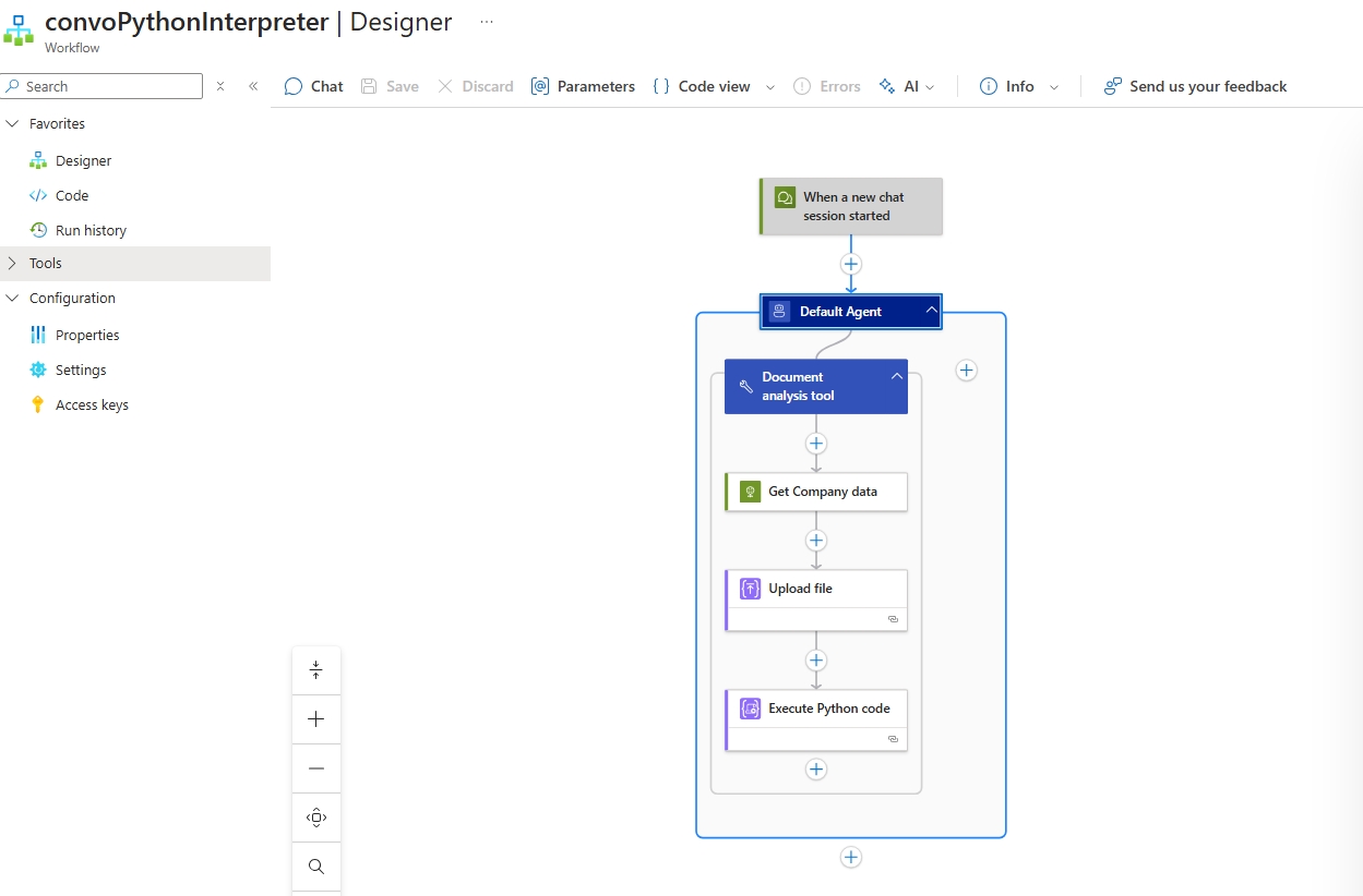 Screenshot of final workflow for agent using Python code interpreter with LLM-generated code.
