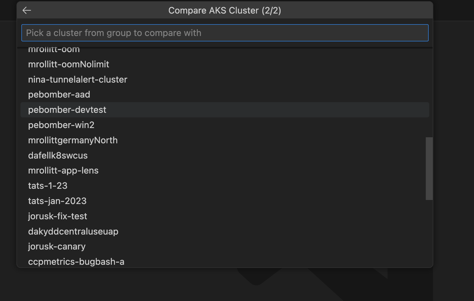 Select AKS Cluster to Compare From
