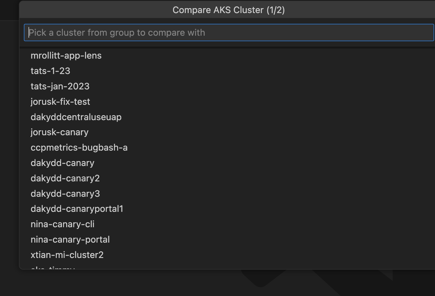 Select AKS Cluster to Compare With
