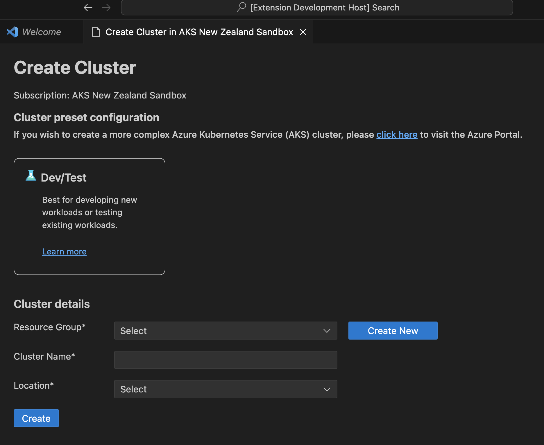 Cloud explorer create cluster webview
