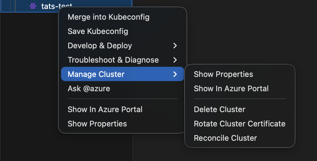 Develop and Deploy submenu with Container Assist and related commands